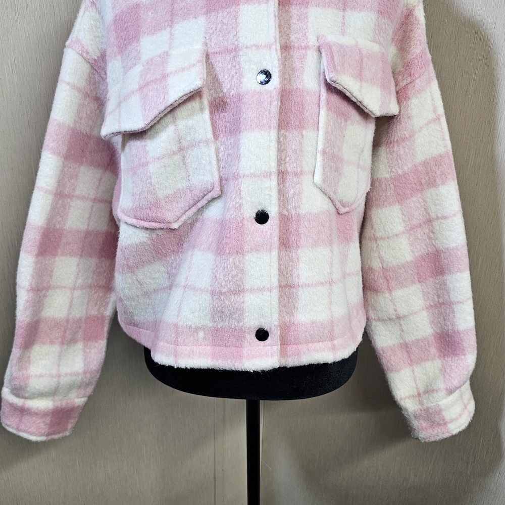 Lyn Burches Pink White Plaid Fuzzy Sherpa Shacket Cropped Boxy Jacket M - Picture 5 of 15